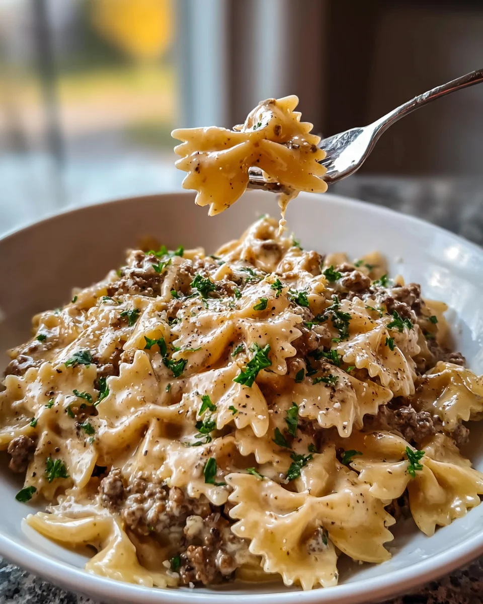 Easy Creamy Parmesan Garlic Beef Bowtie Pasta Recipe