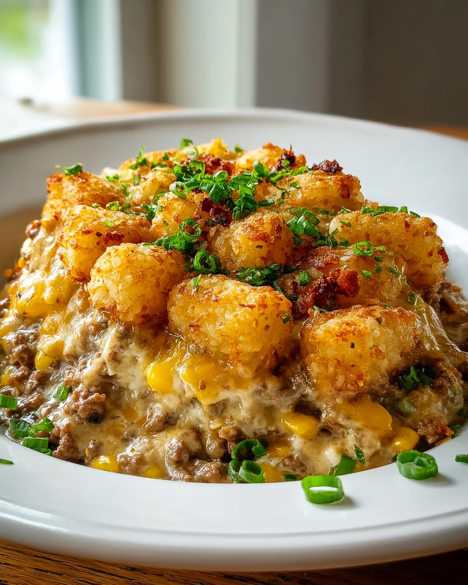 Delicious Cowboy Casserole Recipe with Ground Beef & Cheese Tots