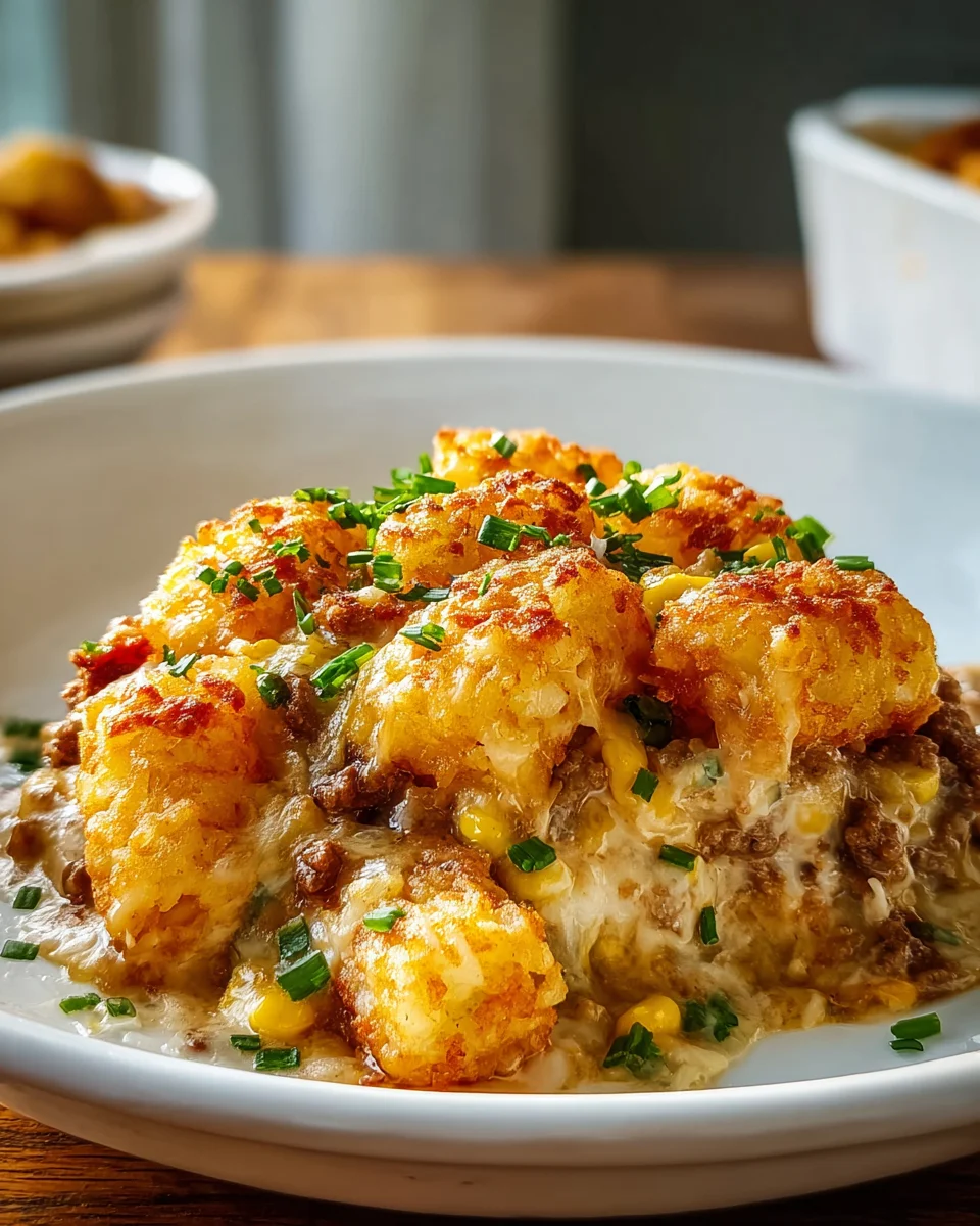 Delicious Cowboy Casserole Recipe with Ground Beef & Cheese Tots