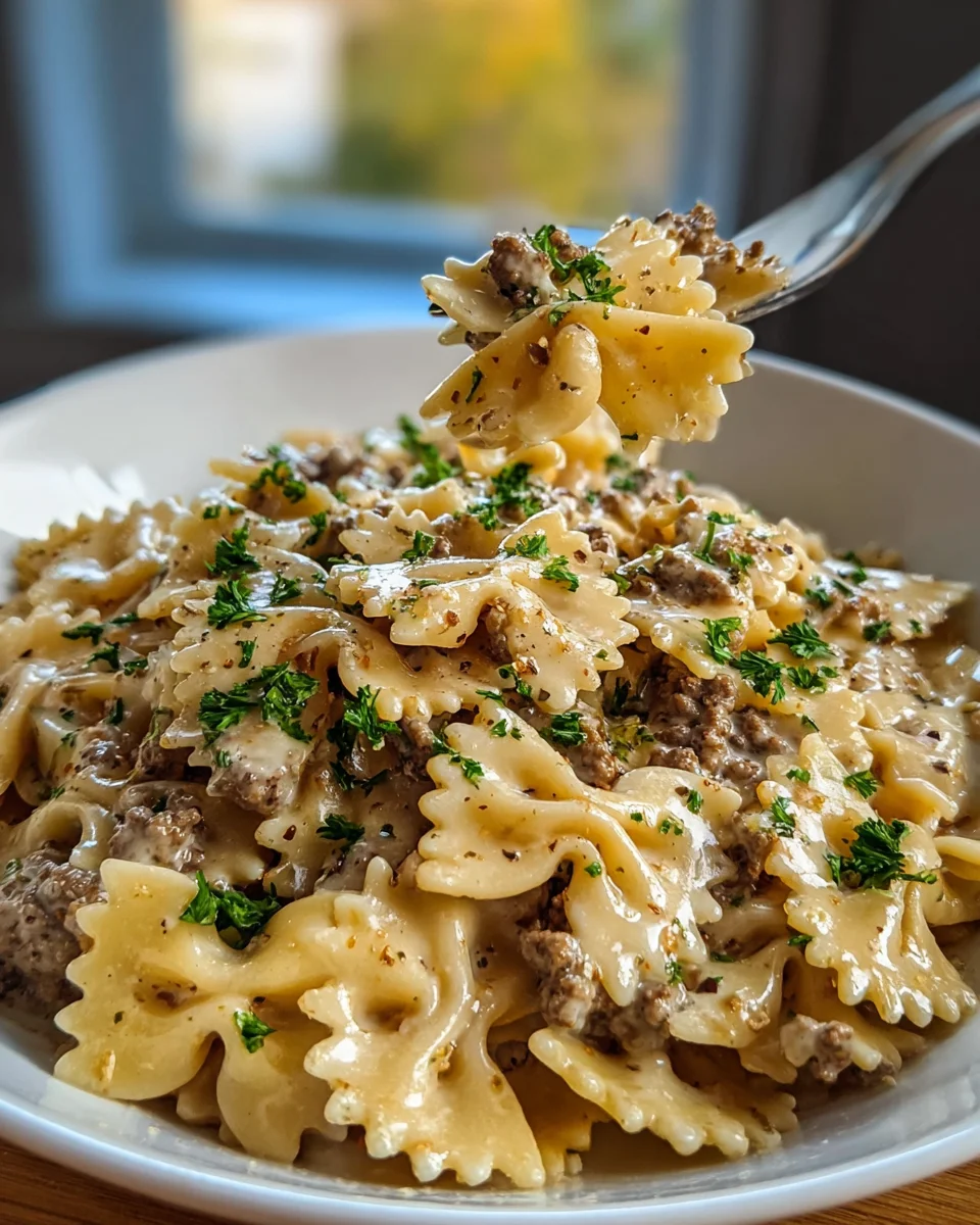 Easy Creamy Parmesan Garlic Beef Bowtie Pasta Recipe