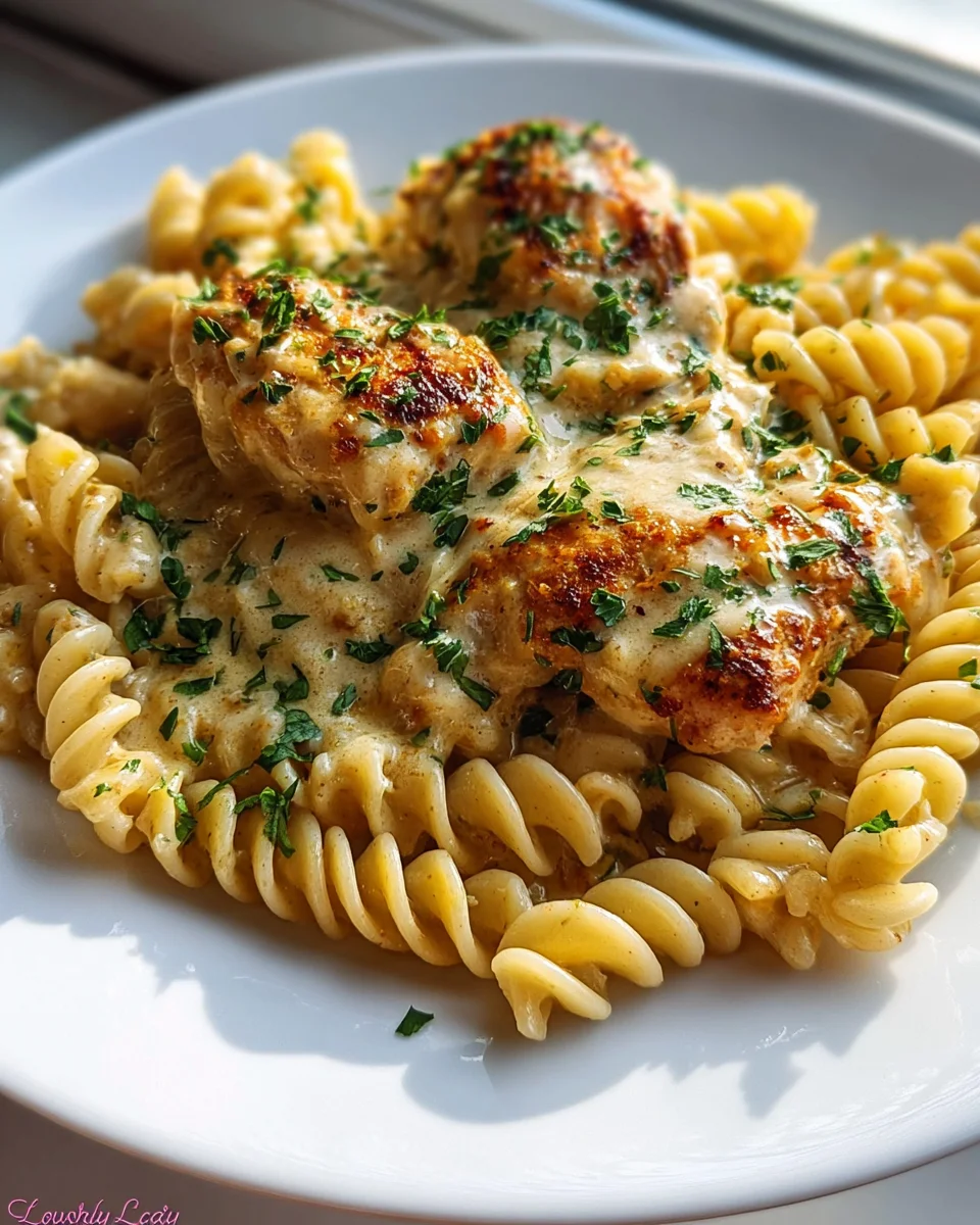 Creamy Garlic Parmesan Chicken With Cheesy Twisted Pasta