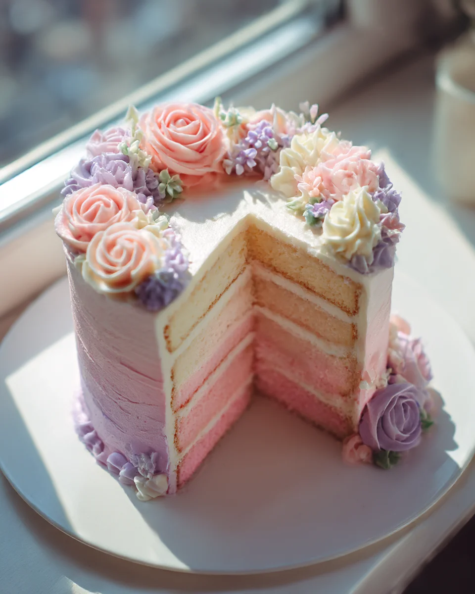 Vanilla Bean Ombre Birthday Cake: Pastel Hues, Floral Decor