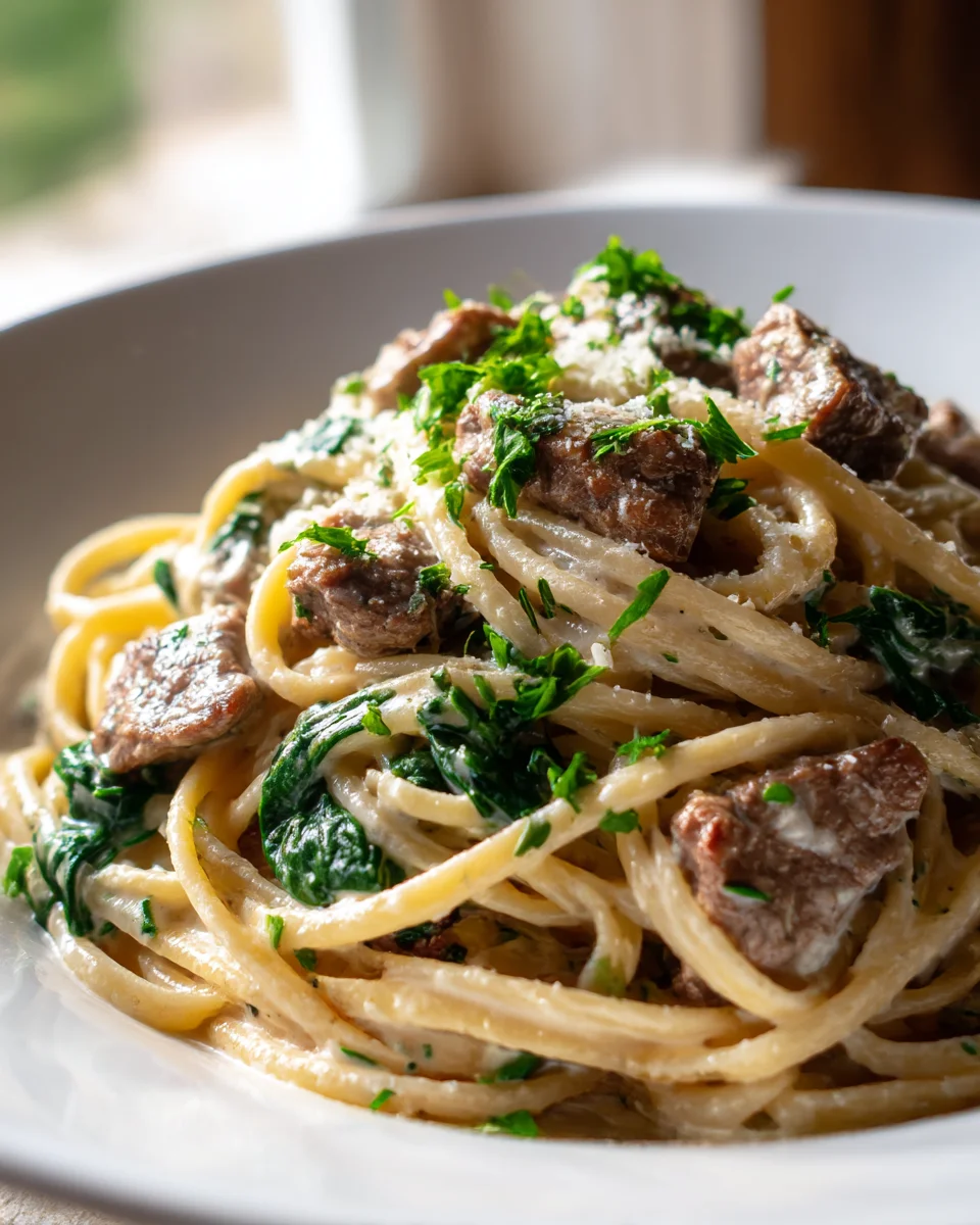 Creamy Cowboy Butter Linguine with Steak Bites & Spinach
