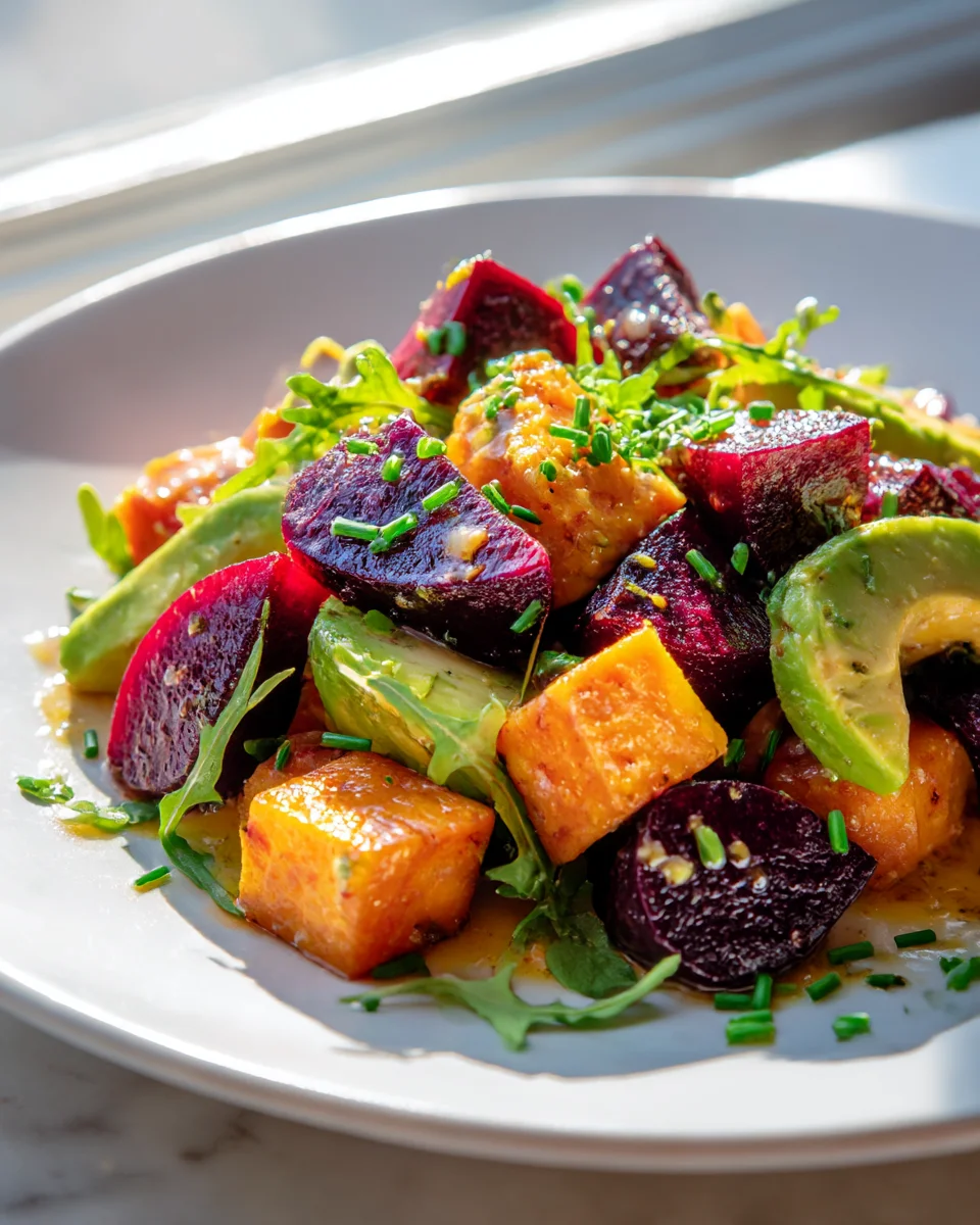 Roasted Beet & Sweet Potato Salad: Avocado & Maple Dijon