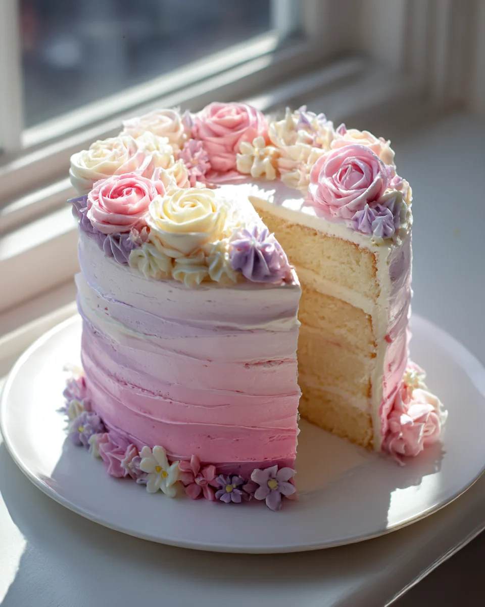 Vanilla Bean Ombre Birthday Cake: Pastel Hues, Floral Decor