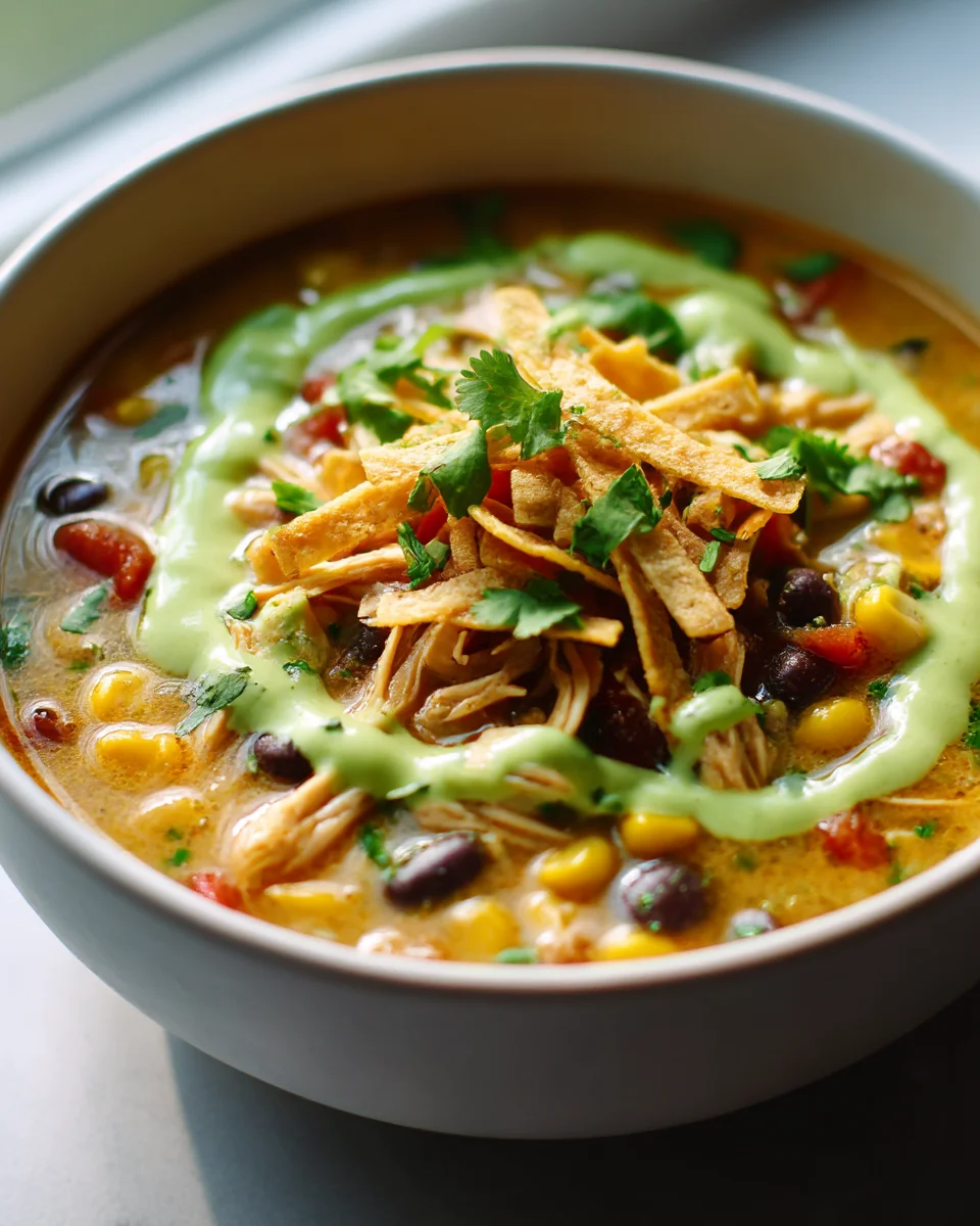 Dairy-Free Chicken Tortilla Soup with Avocado Lime Crema