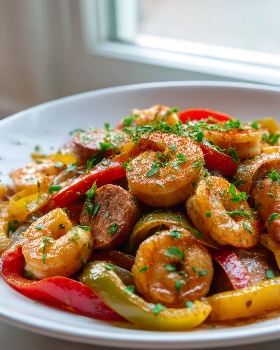 Delicious Cajun Shrimp & Beef Sausage Skillet with Peppers