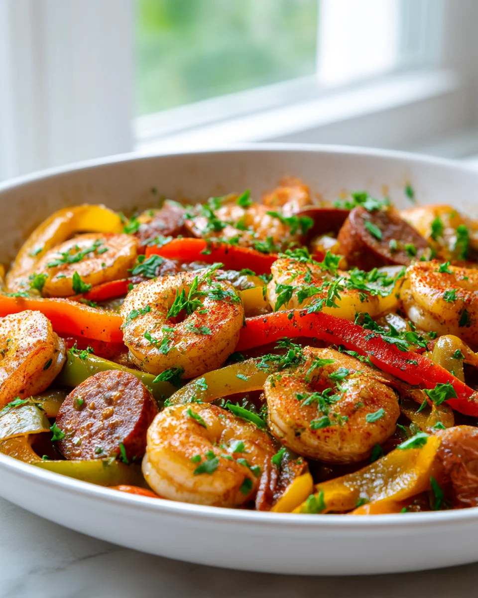 Delicious Cajun Shrimp & Beef Sausage Skillet with Peppers