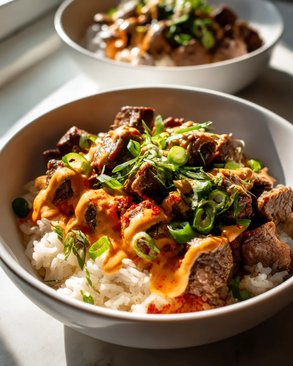 Best Korean BBQ Steak Bowls with Spicy Cream Sauce
