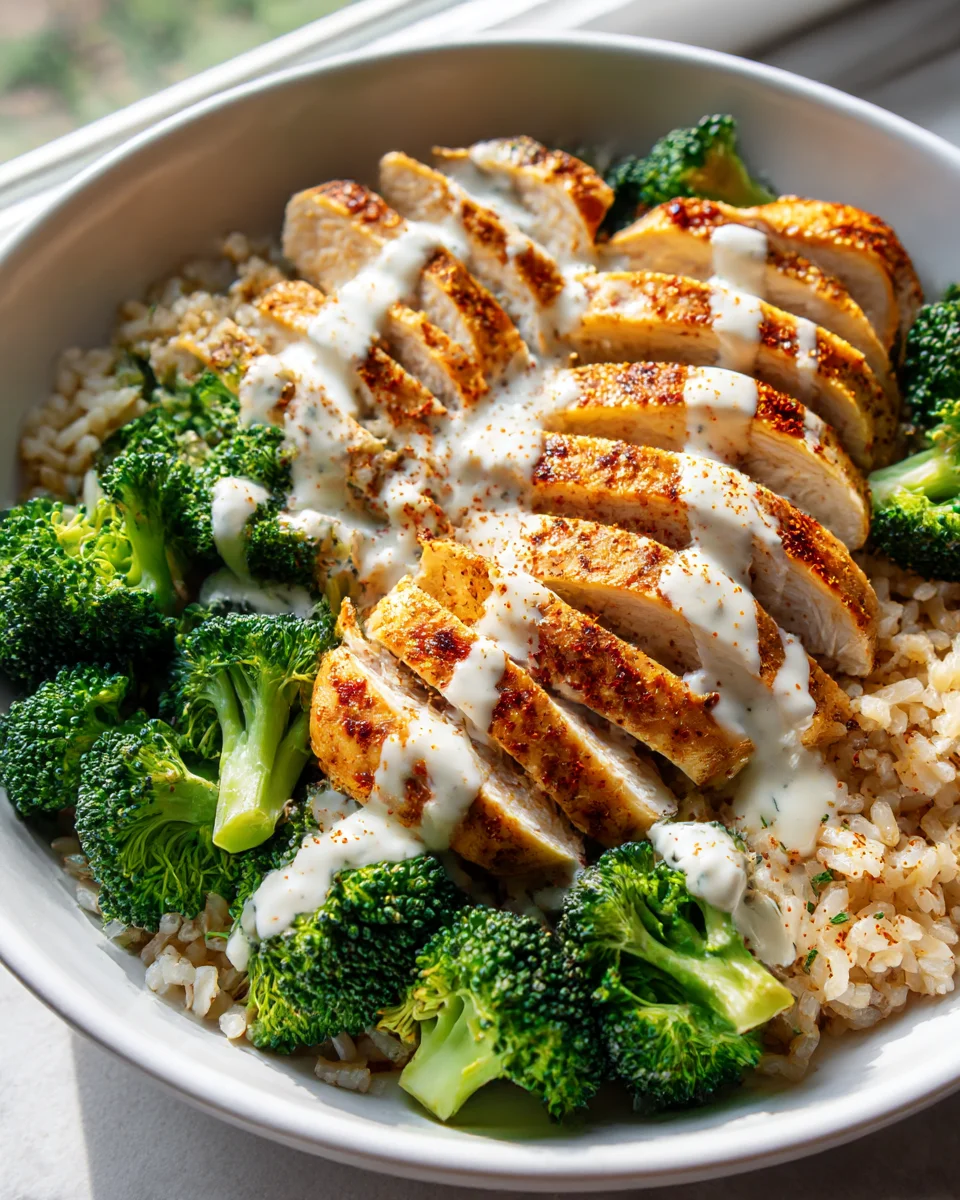 Grilled Chicken Broccoli Bowls with Creamy Garlic Sauce