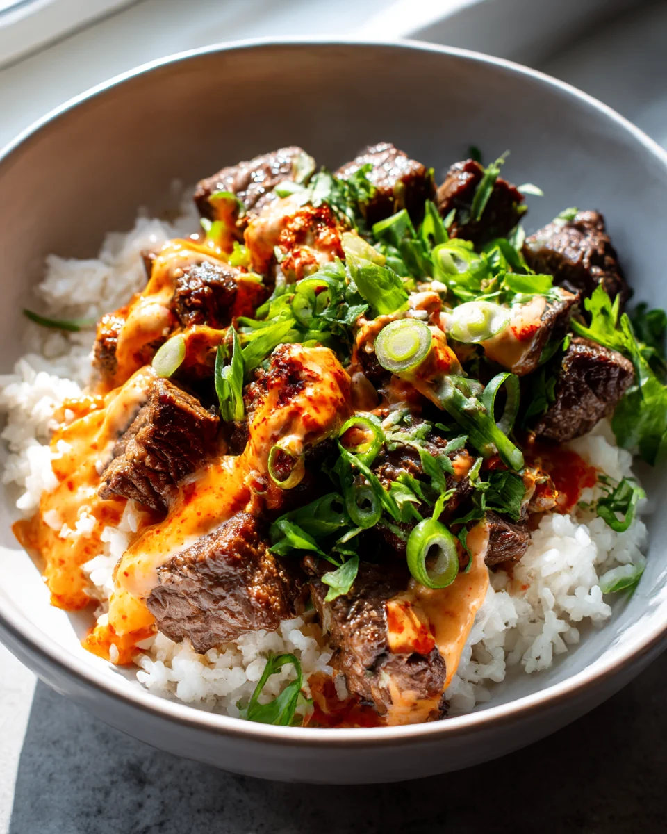Best Korean BBQ Steak Bowls with Spicy Cream Sauce