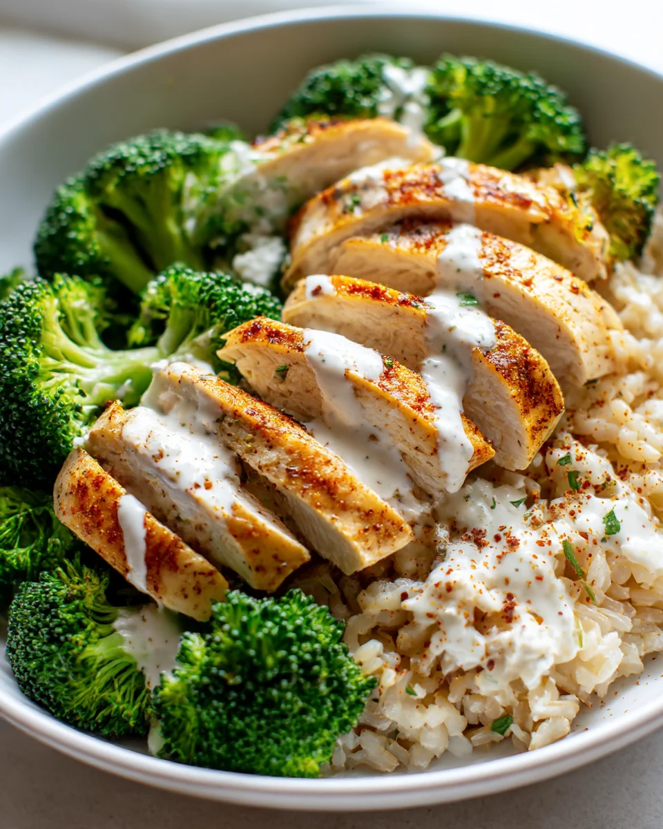 Grilled Chicken Broccoli Bowls with Creamy Garlic Sauce