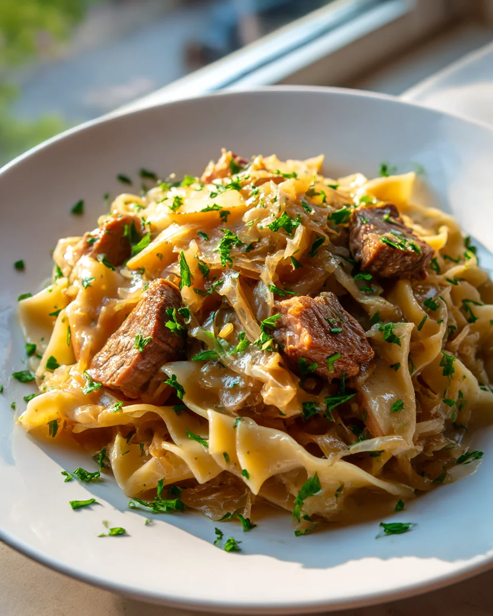 Best Tender Beef, Sauerkraut & Noodles for Dinner