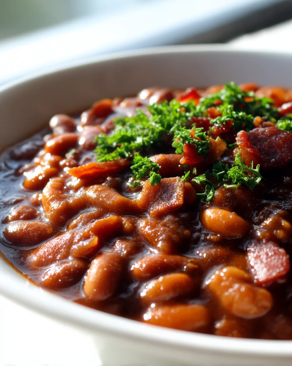 Cowboy BBQ Baked Beans with Beef Bacon & Brown Sugar