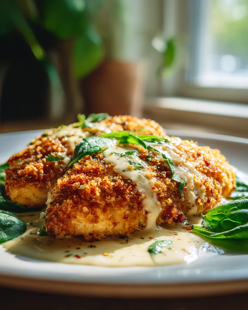 Crispy Parmesan Crusted Chicken with Creamy Garlic Sauce