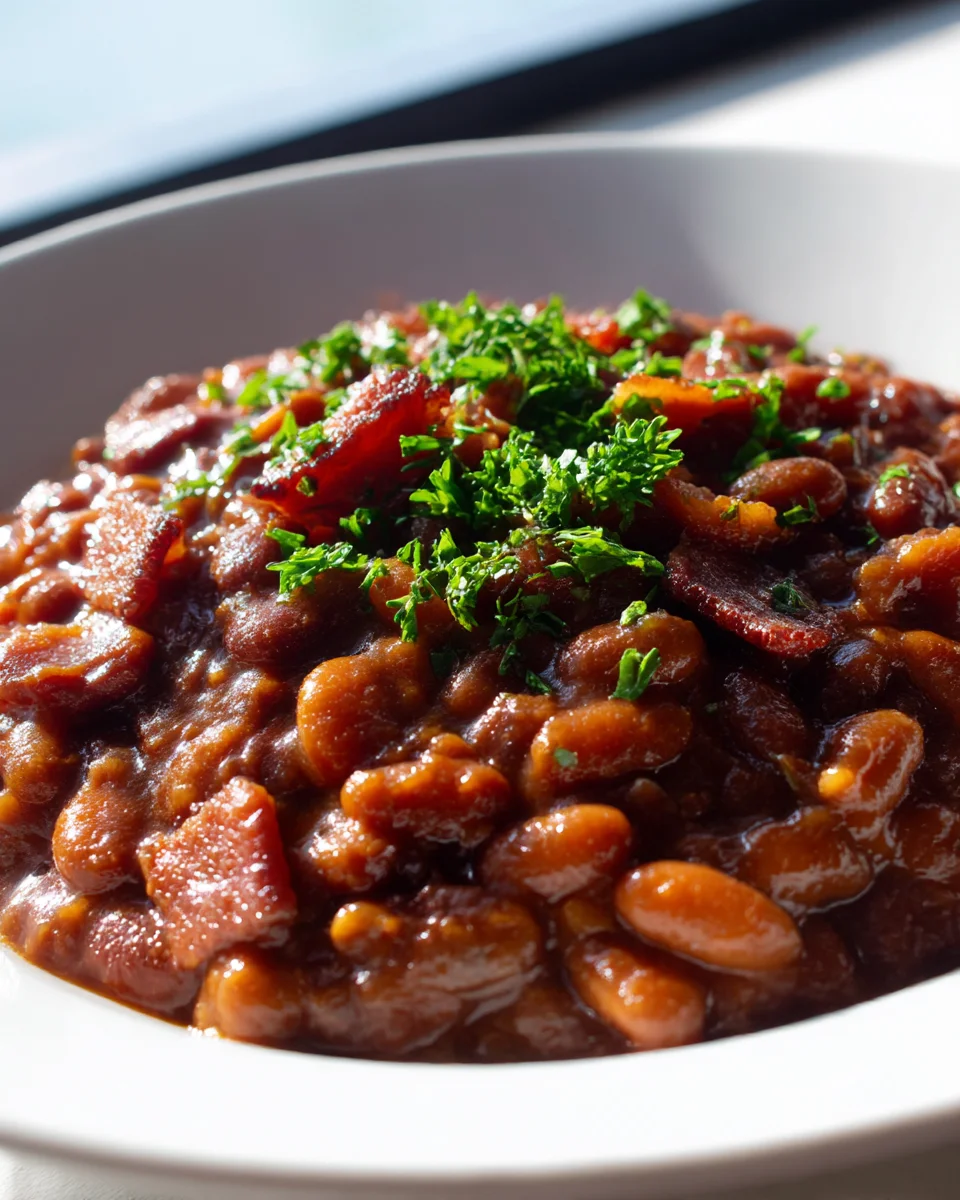 Cowboy BBQ Baked Beans with Beef Bacon & Brown Sugar