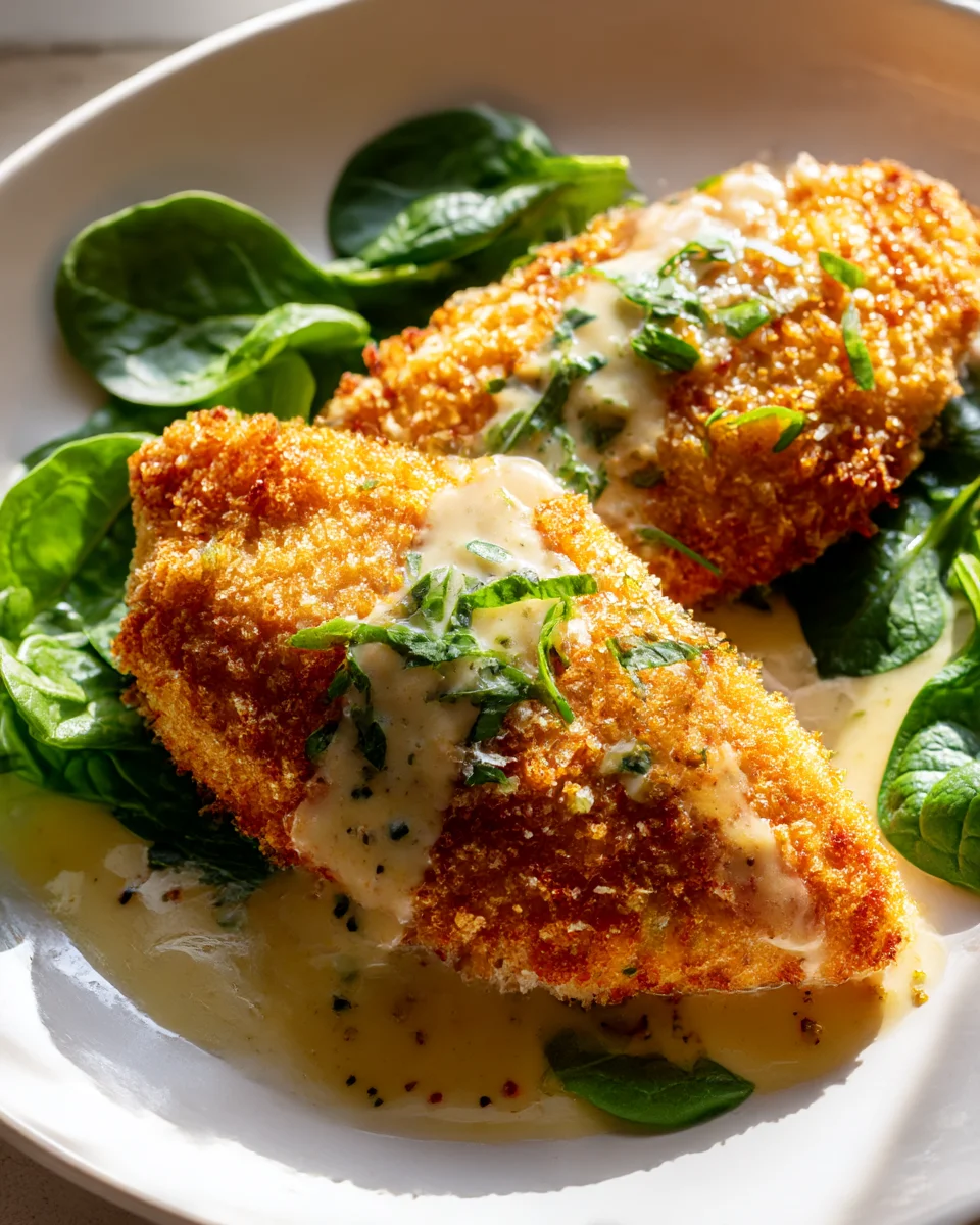 Crispy Parmesan Crusted Chicken with Creamy Garlic Sauce