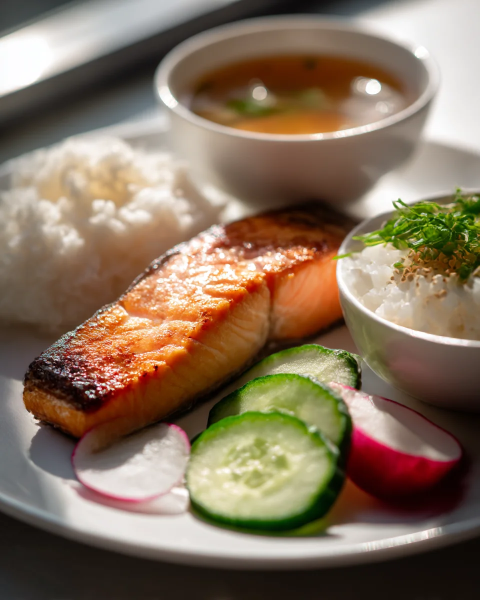 Traditional Japanese Breakfast: Grilled Salmon & Miso Soup