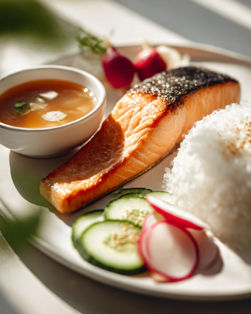 Traditional Japanese Breakfast: Grilled Salmon & Miso Soup