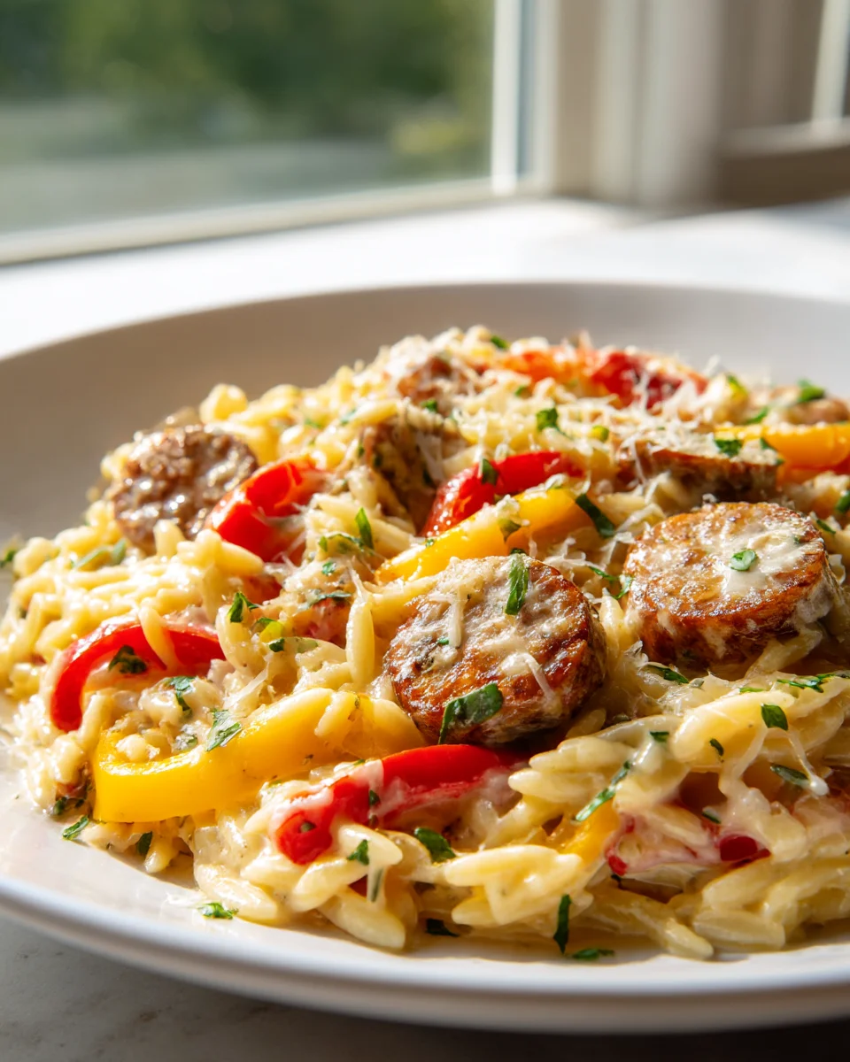 Delicious Creamy Orzo with Beef Sausage & Roasted Peppers