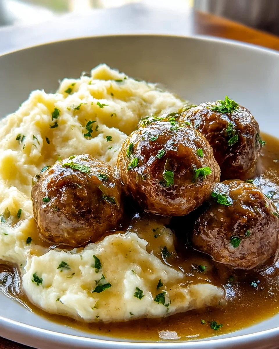 Salisbury Steak Meatballs & Garlic Herb Mashed Potatoes Recipe