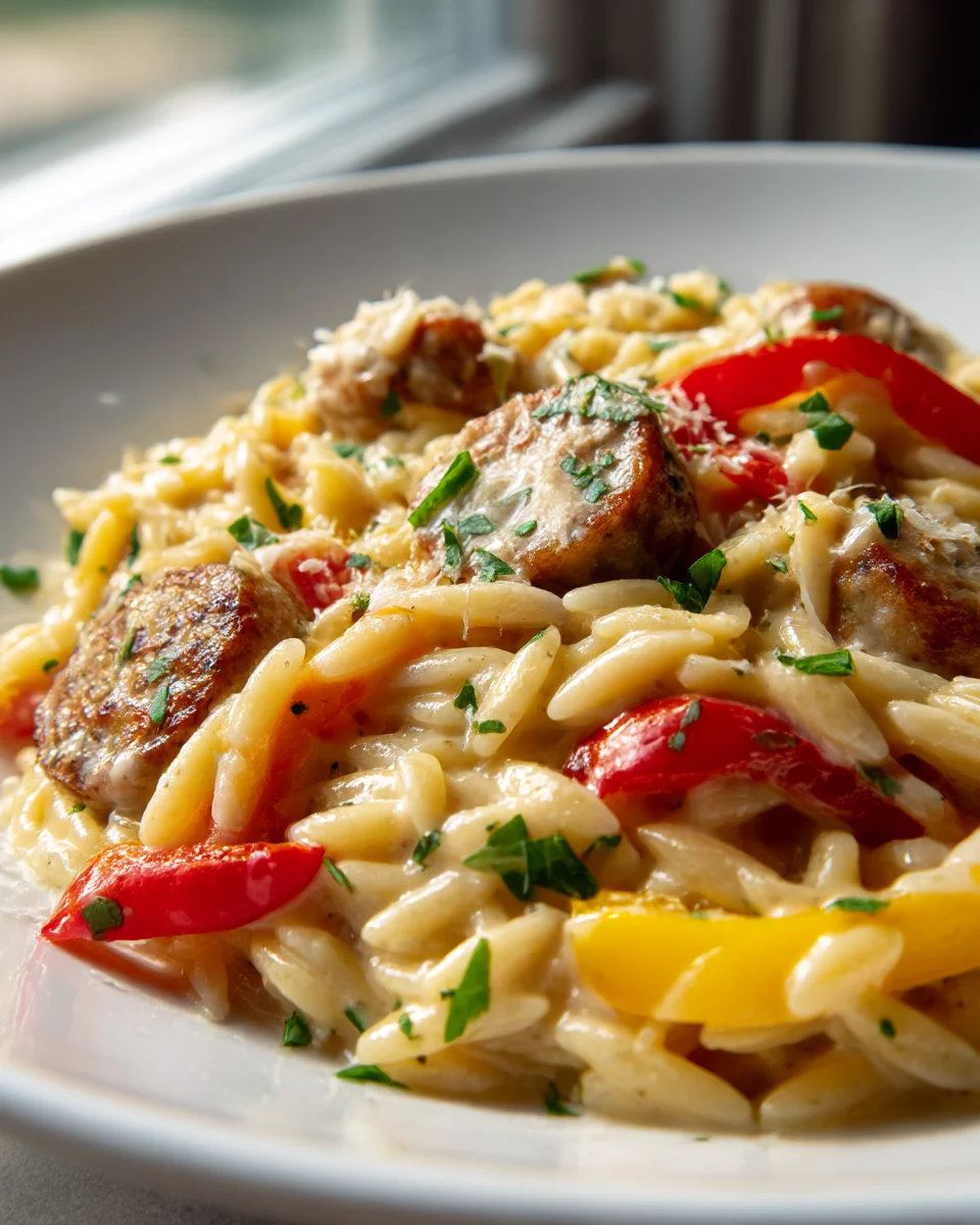 Delicious Creamy Orzo with Beef Sausage & Roasted Peppers