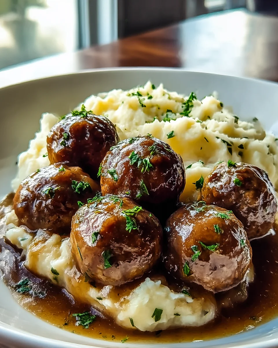 Salisbury Steak Meatballs & Garlic Herb Mashed Potatoes Recipe