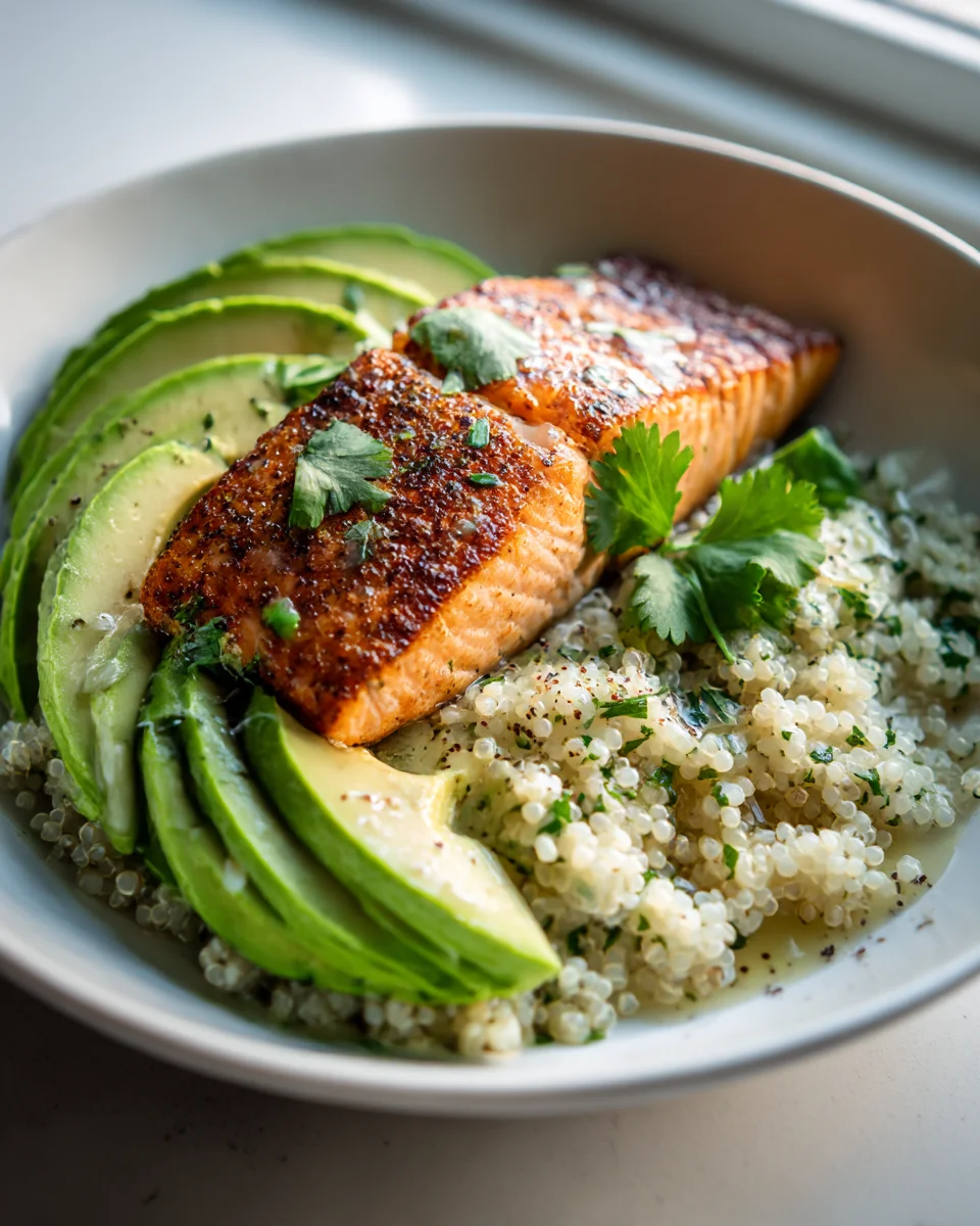 Quinoa Salmon Bowl with Avocado and Lemon Dressing