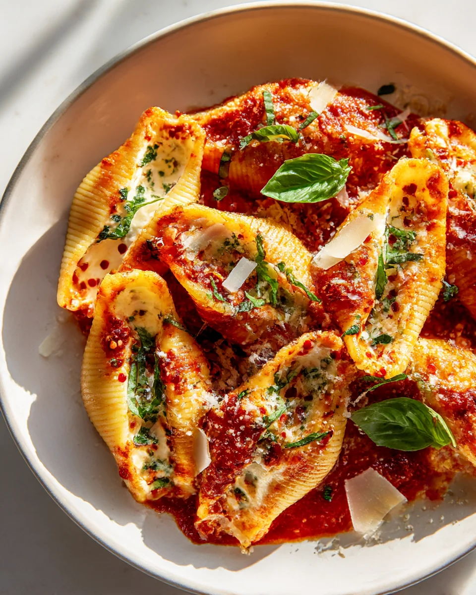 Spicy Burrata Stuffed Shells in Garlic Tomato Sauce Recipe