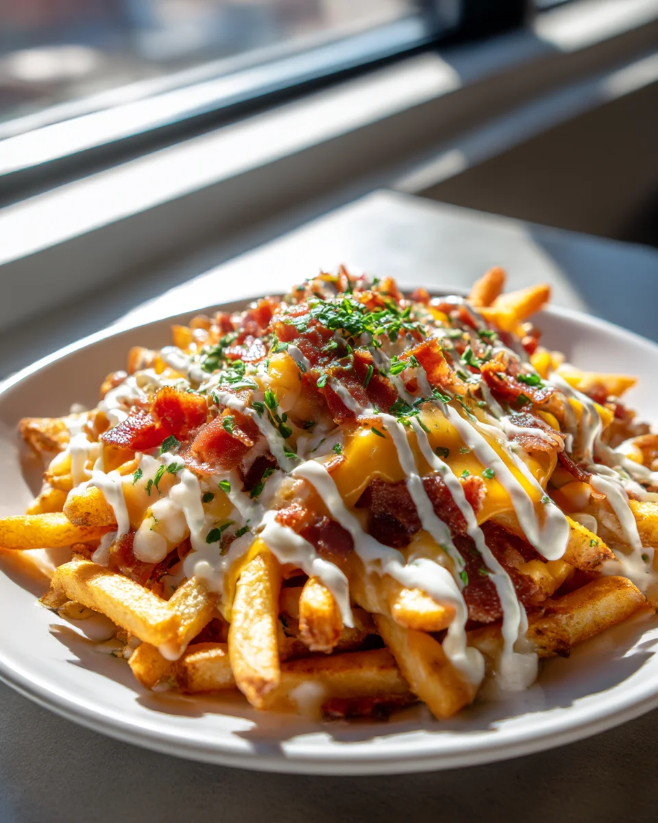 Crack Burger Loaded Fries with Beef Bacon and Ranch Drizzle