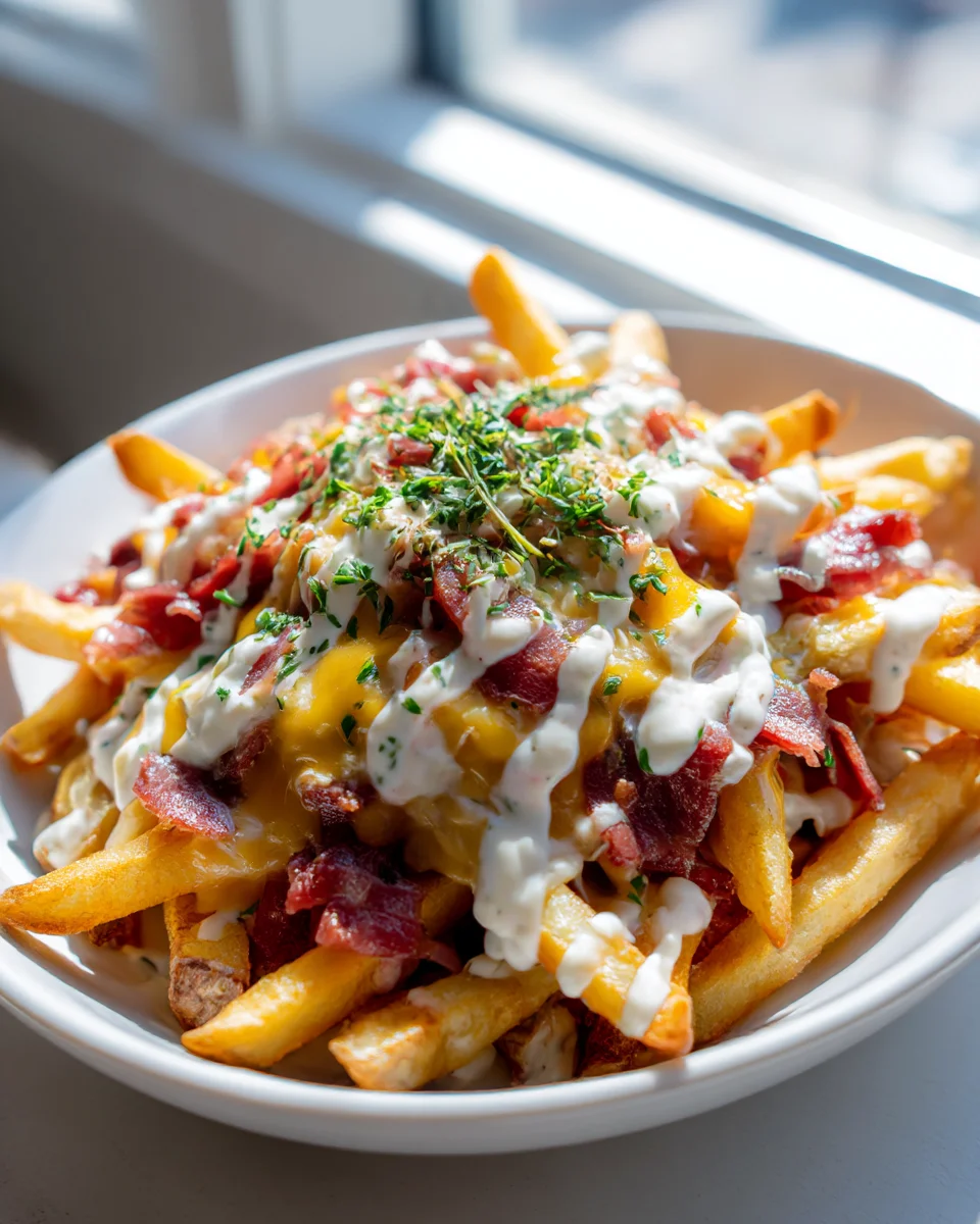 Crack Burger Loaded Fries with Beef Bacon and Ranch Drizzle