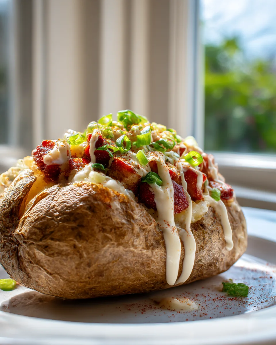 Cajun Beef Sausage Loaded Baked Potatoes with Creamy Drizzle