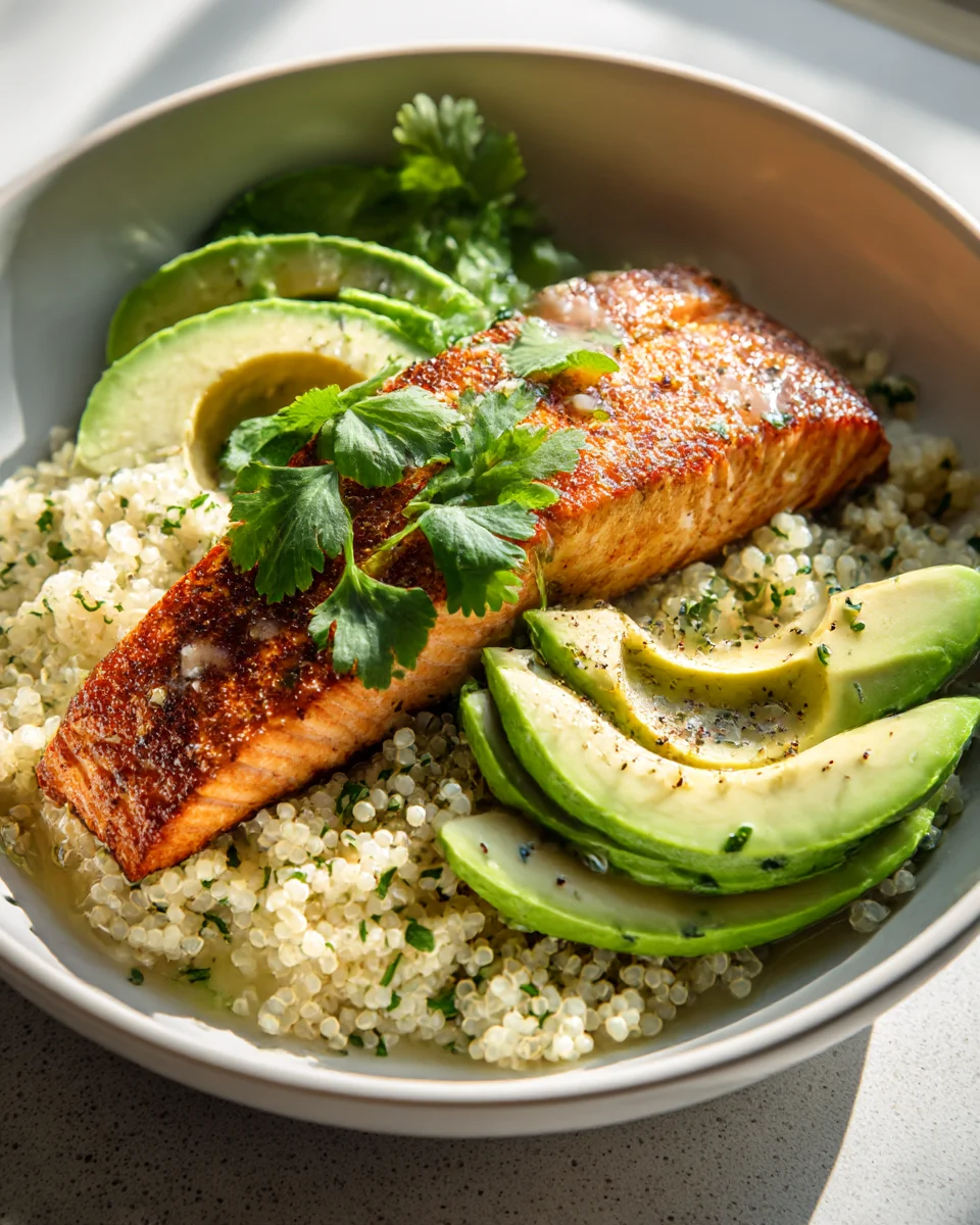 Quinoa Salmon Bowl with Avocado and Lemon Dressing