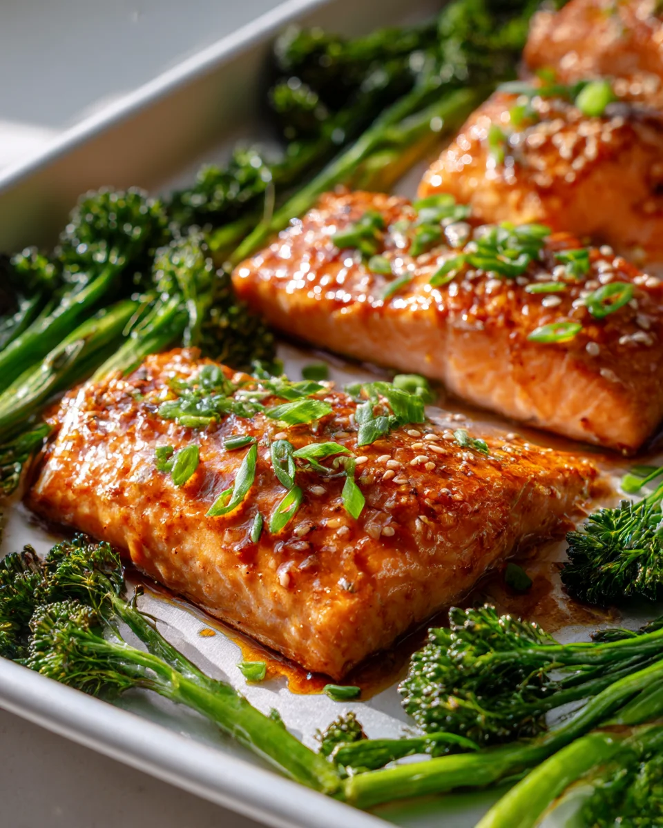 Honey Garlic Salmon Sheet Pan Recipe with Roasted Broccolini