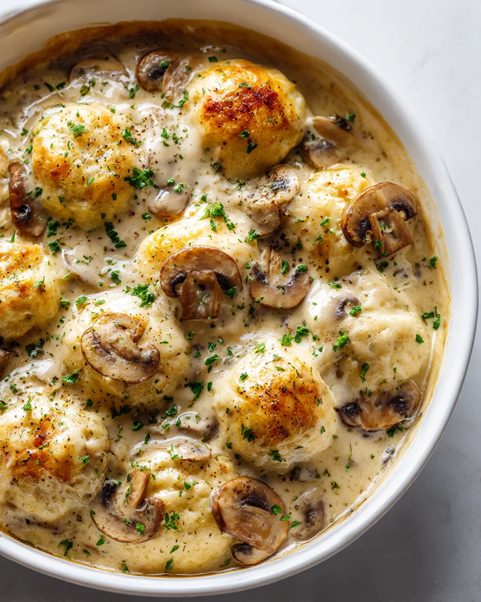 Baked Beef Dumpling Casserole with Creamy Mushroom Sauce