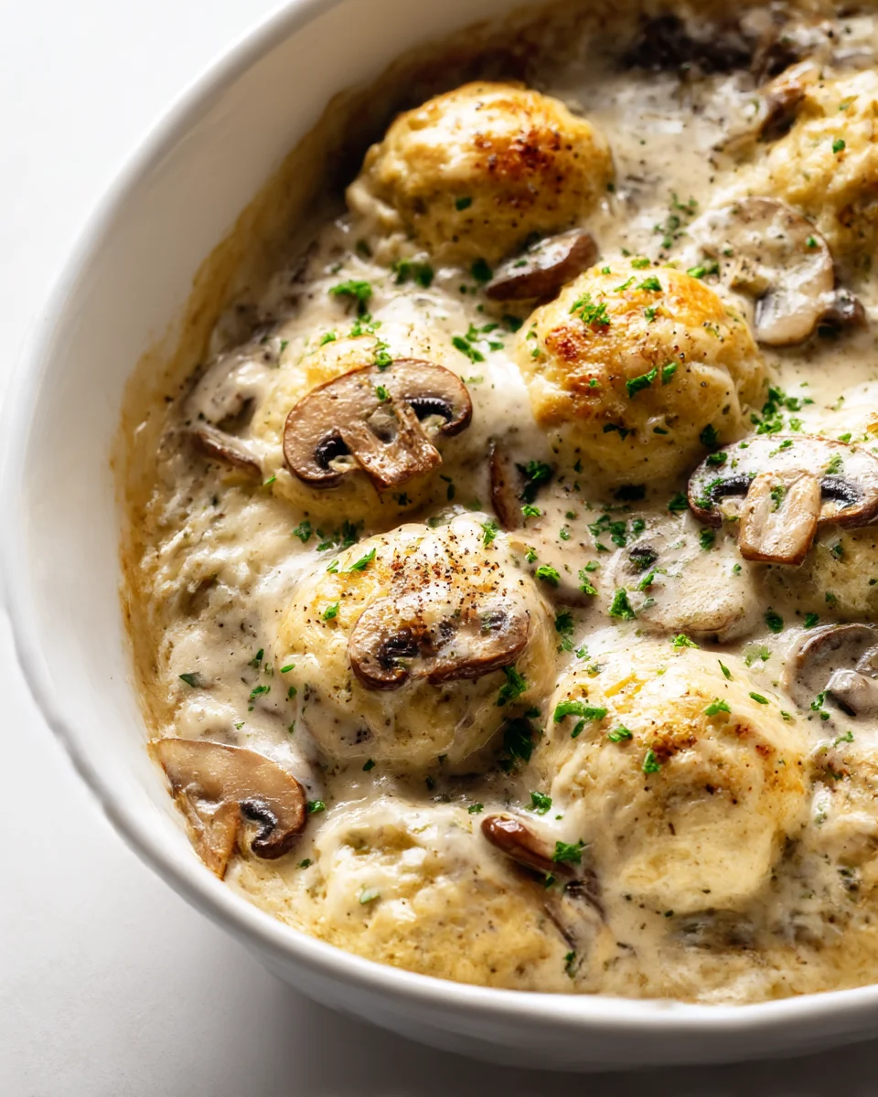 Baked Beef Dumpling Casserole with Creamy Mushroom Sauce