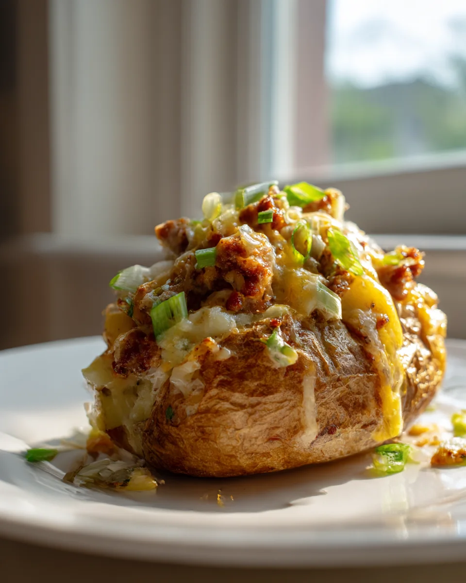 Beef Sausage Loaded Baked Potatoes with Cheese