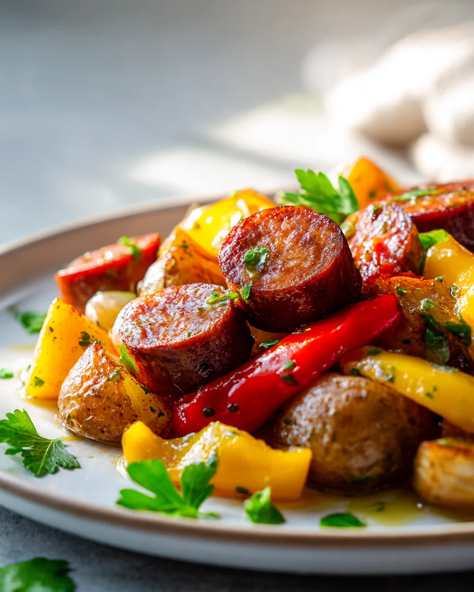 Beef Kielbasa with Roasted Potatoes, Peppers, and Garlic Herb Oil