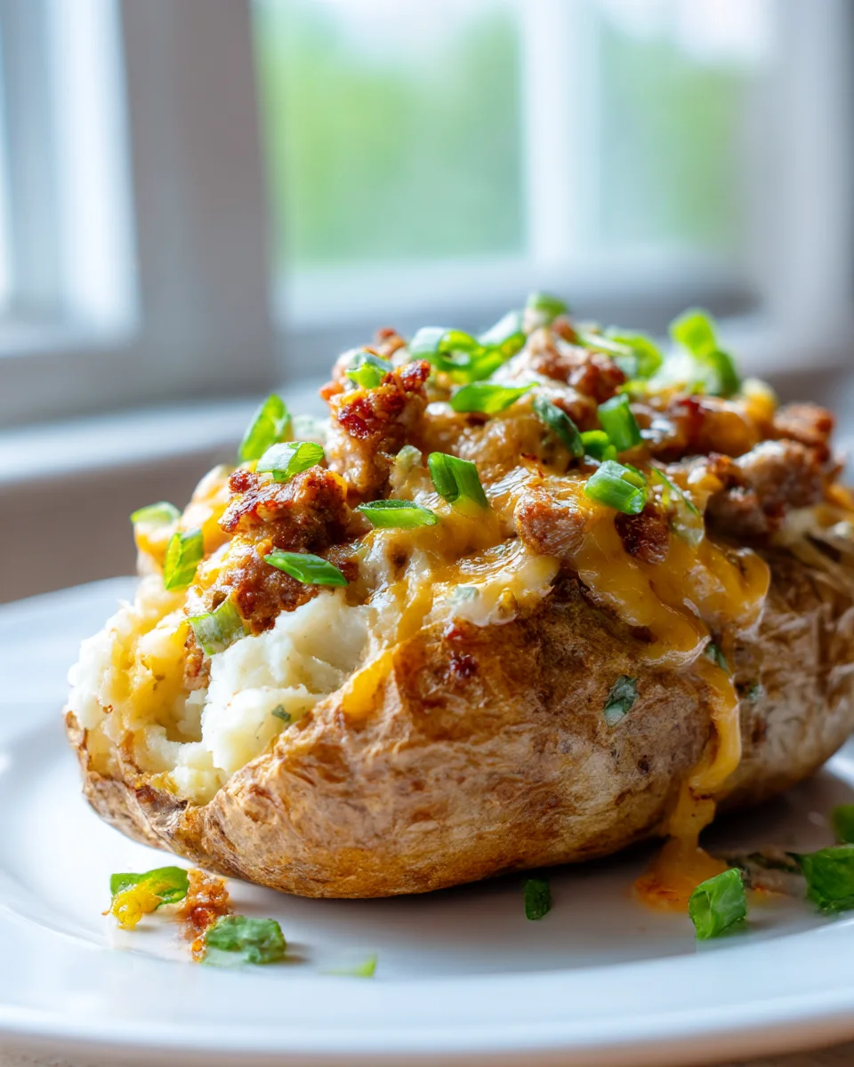 Beef Sausage Loaded Baked Potatoes with Cheese