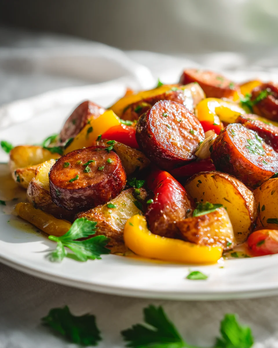 Beef Kielbasa with Roasted Potatoes, Peppers, and Garlic Herb Oil